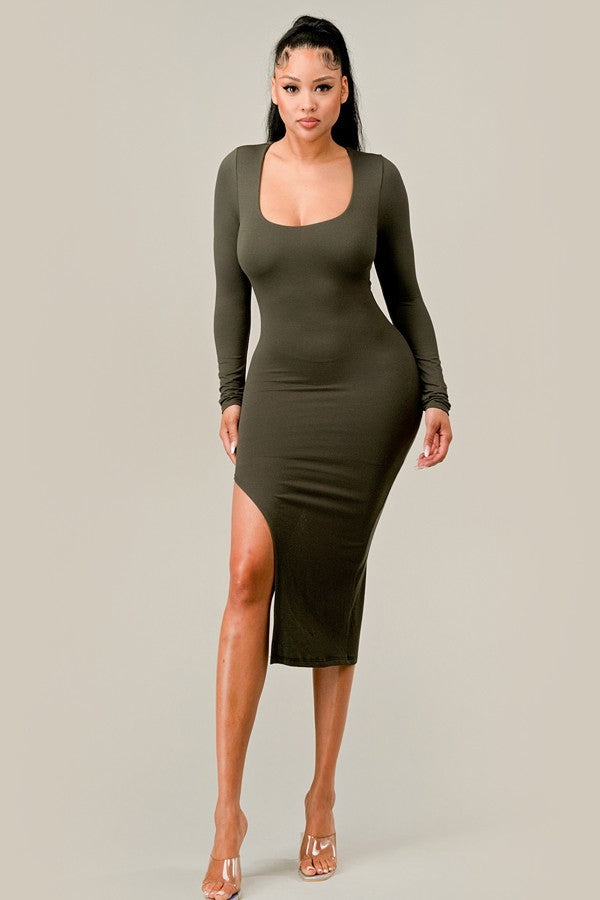 Long Sleeve Lined Side Slit Midi Dress