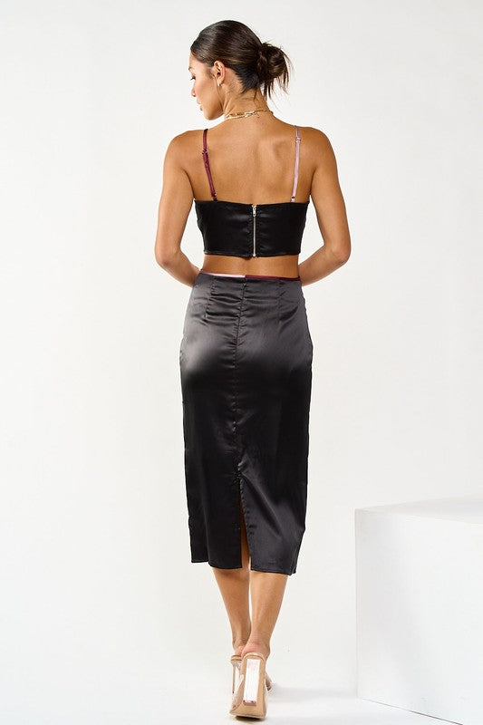 Contrast Detail Cut Out Satin Midi Dress