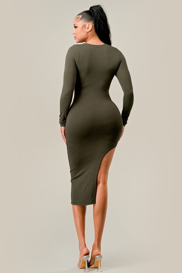 Long Sleeve Lined Side Slit Midi Dress
