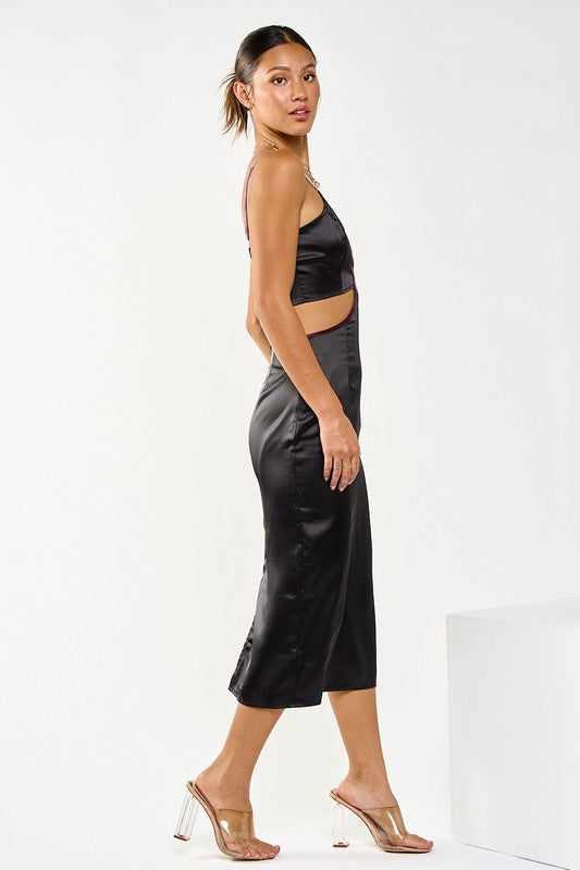 Contrast Detail Cut Out Satin Midi Dress